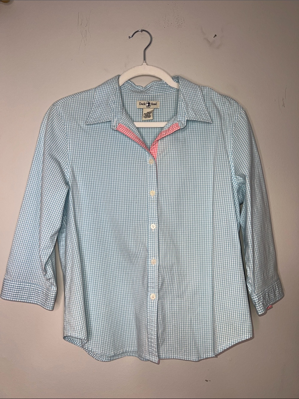 Duck Head Blue Gingham Button-Down Shirt with Pink Collar Accent with flaw